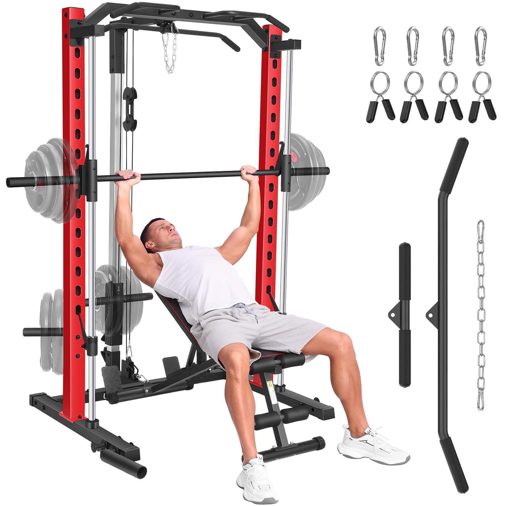 All in One Smith Machine with LAT-Pull Down, Multi-Functional Smith Machine, Power Cage with Cable Crossover, Squat Rack with Landmine, Barbell Bar, Plate Storage Pegs and More Training Attachment