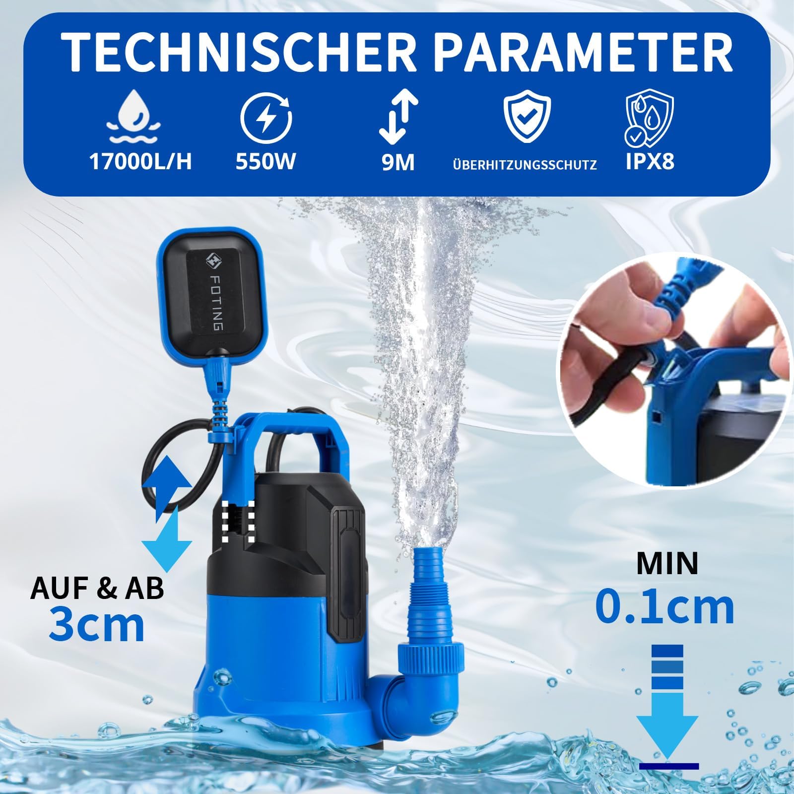 FOTING Flachabsaugpumpe 550 W, 17.000 l/h, Förderhöhe bis 9 m, Eintauchtiefe bis 7 m, flachabsaugend bis 1 mm, für Pool, Keller und Entwässerung