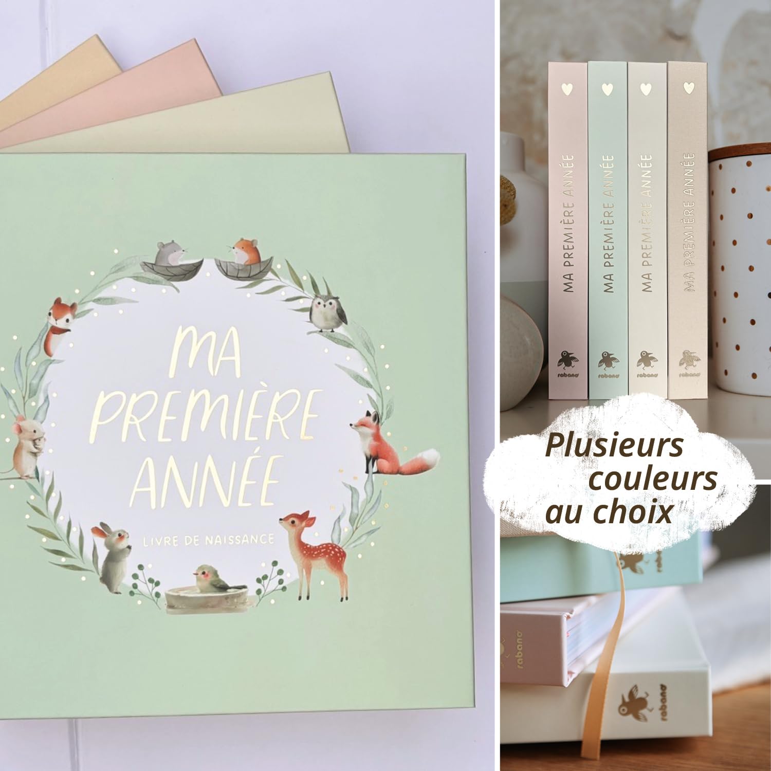 Livre de naissance I Ma première année + set d’autocollants I Album photo bébé PREMIUM avec lettrage or I 176 pages I Cadeau de naissance pour fille et garçon I Cadeau spécial bébé (Lin)