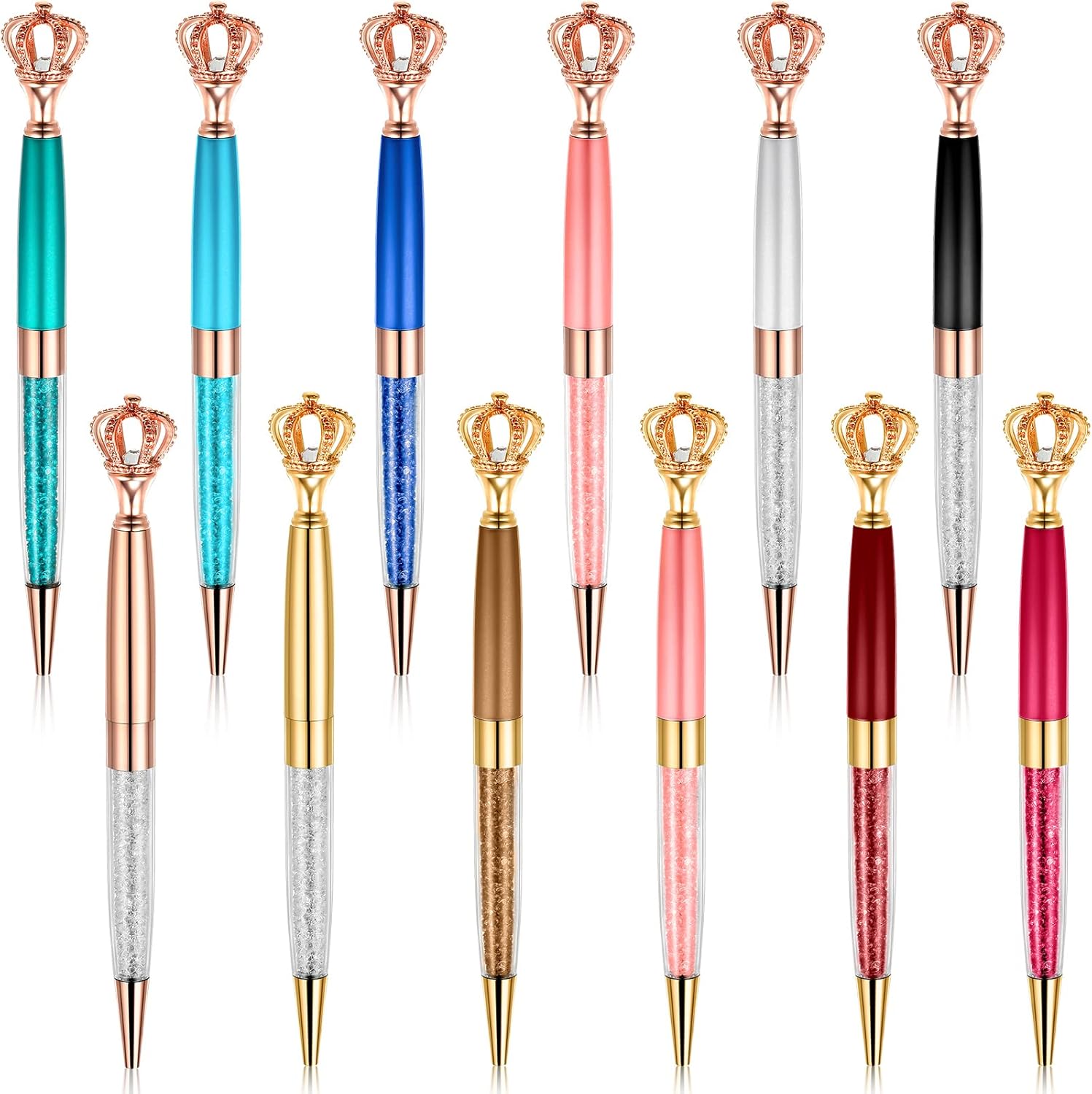 CHENGU 12 Pieces Crystal Diamond Crown Ballpoint Pens Bling Metal Rhinestones Writing Ink Diamond Multicolored Glitter Big Crystal Pen for School Office Supplies Christmas Wedding Birthday Present