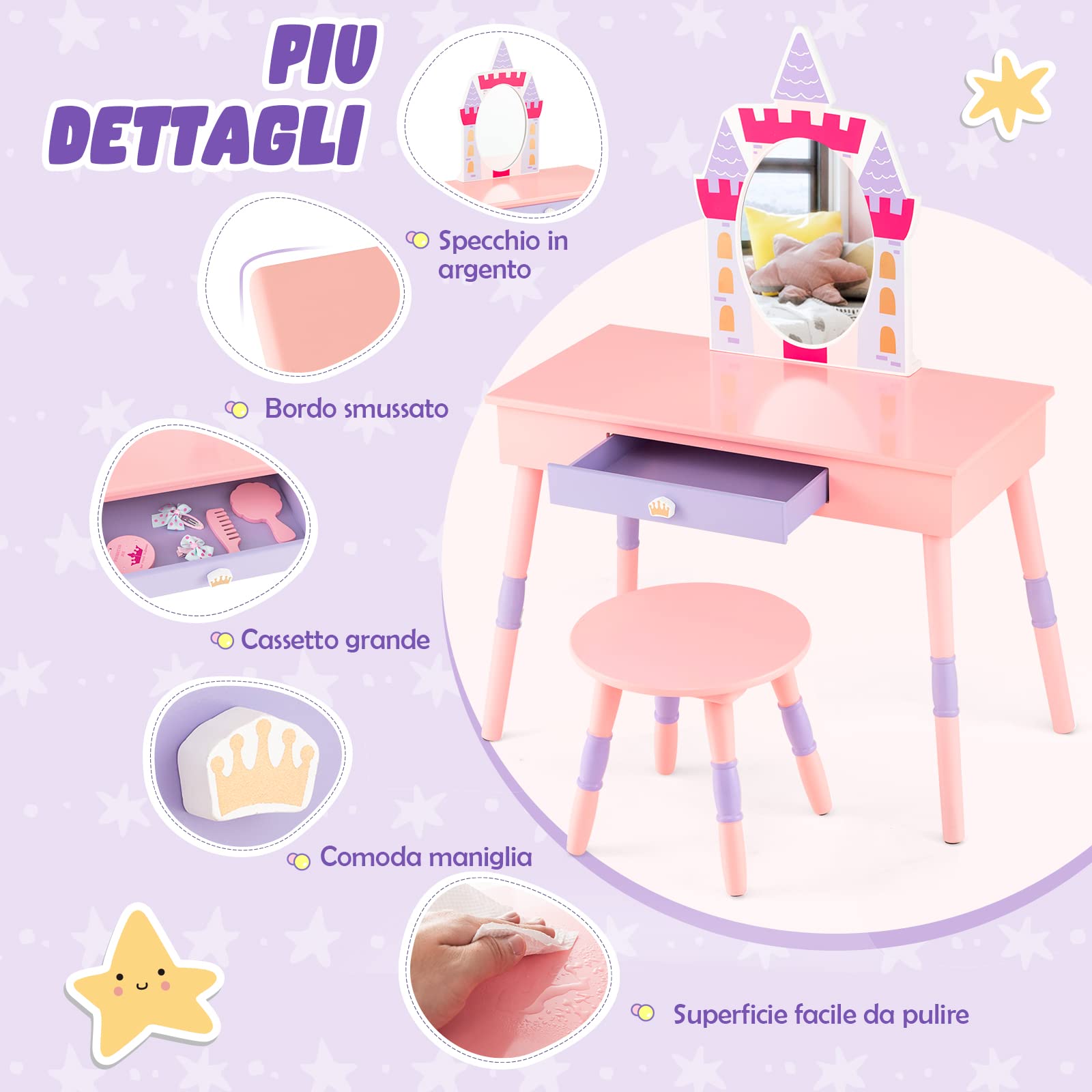 COSTWAY 2 in 1 Toeletta Trucco per Bambina 3+ Anni, Postazione Trucco per Ragazza in Legno con Sgabello e Cassetto e Accessori, 74 x 39 x 101 cm, Rosa