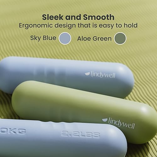 Miniatura 5 de Lindywell Juego de 2 pesas de mano de agarre suave, 2.2 libras, pesas de mano para mujeres y hombres, tonificación fina, pilates, terapia física,