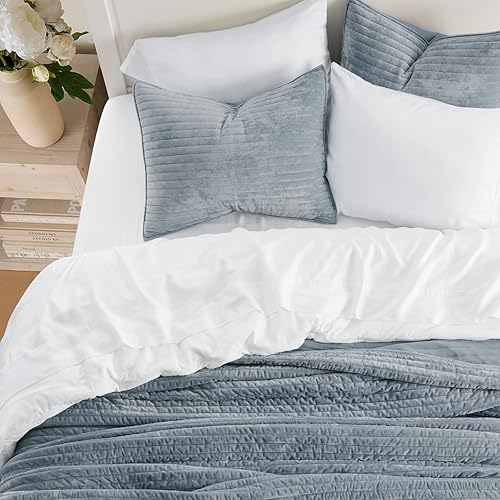 Miniatura 38 de EVERGRACE Velvet Quilt Set King Size, Luxurious Soft Striped Channel Bedding Set, Lightweight Velvet Comforter for All Season, Oversized Bedspread