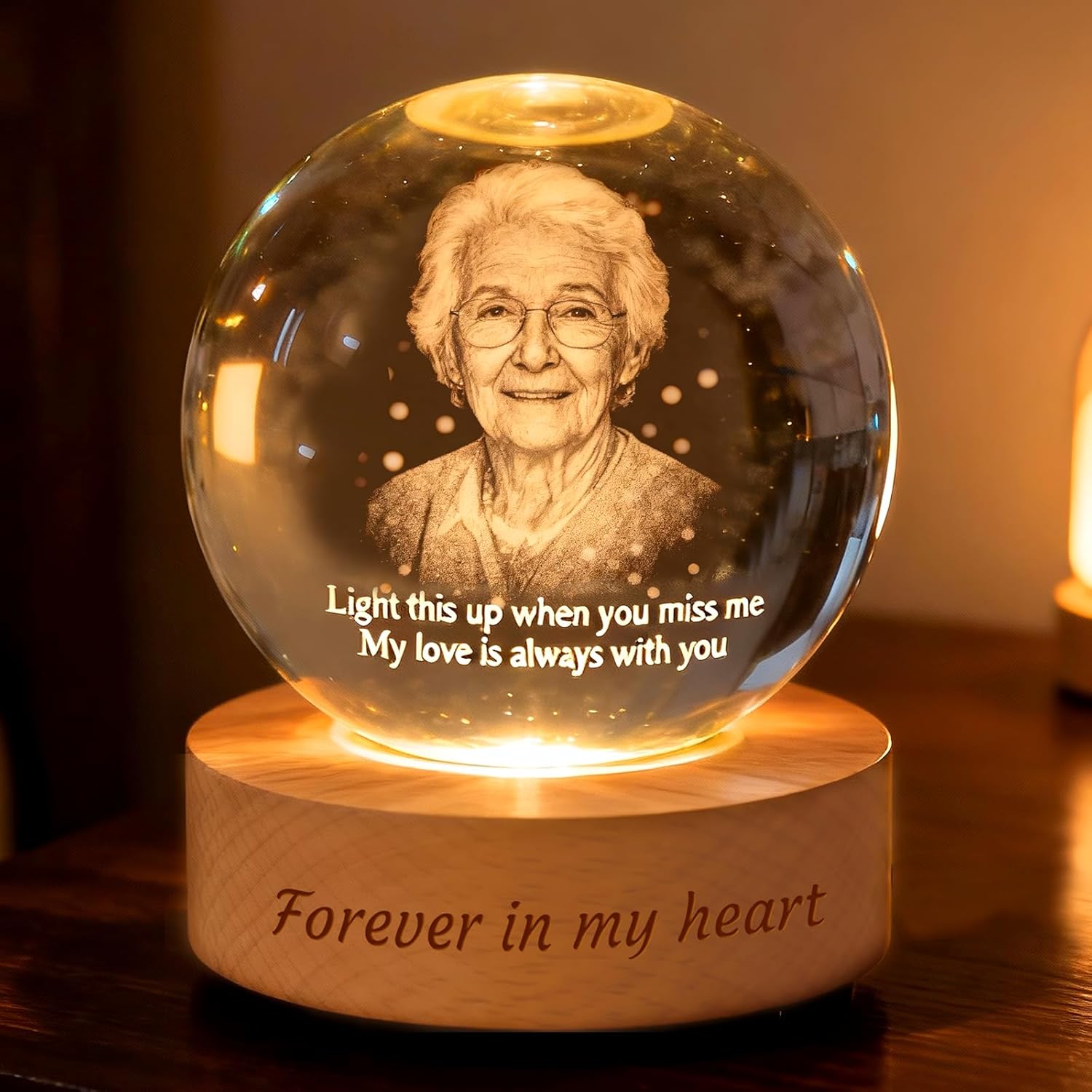 Personalized 3D Crystal Photo Ball Lamp, Custom Memorial Gift for Christmas Remembrance, Laser Engraved Crystal Globe for Pets Baby Couples Family Anniversary Wedding Birthdays (Memorial)