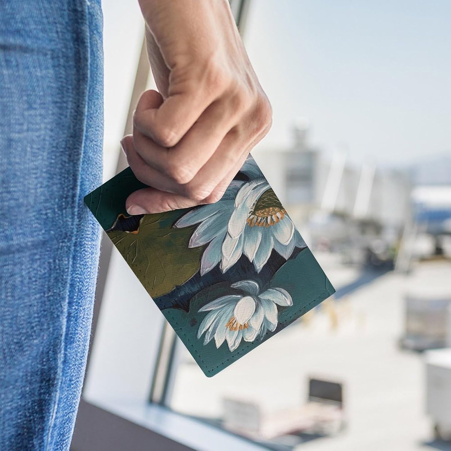 Hand Painted Lotus Passport Holder Leather Passport Wallet Cover Case Passport Protective Cover Cute Passport Book Holder Slim Credit Card Holder Travel Accessories for Women Men
