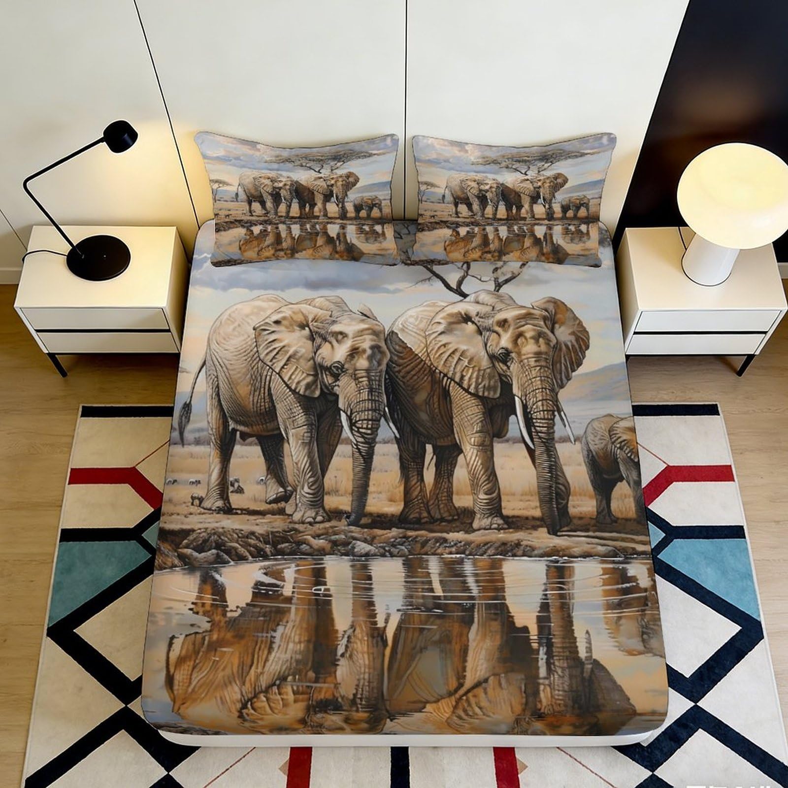 3D Printed Elephant Family Fitted Sheet Microfiber Soft Brown Wildlife Savannah Mattress Cover Bedroom Decor Protector 90x200x25cm
