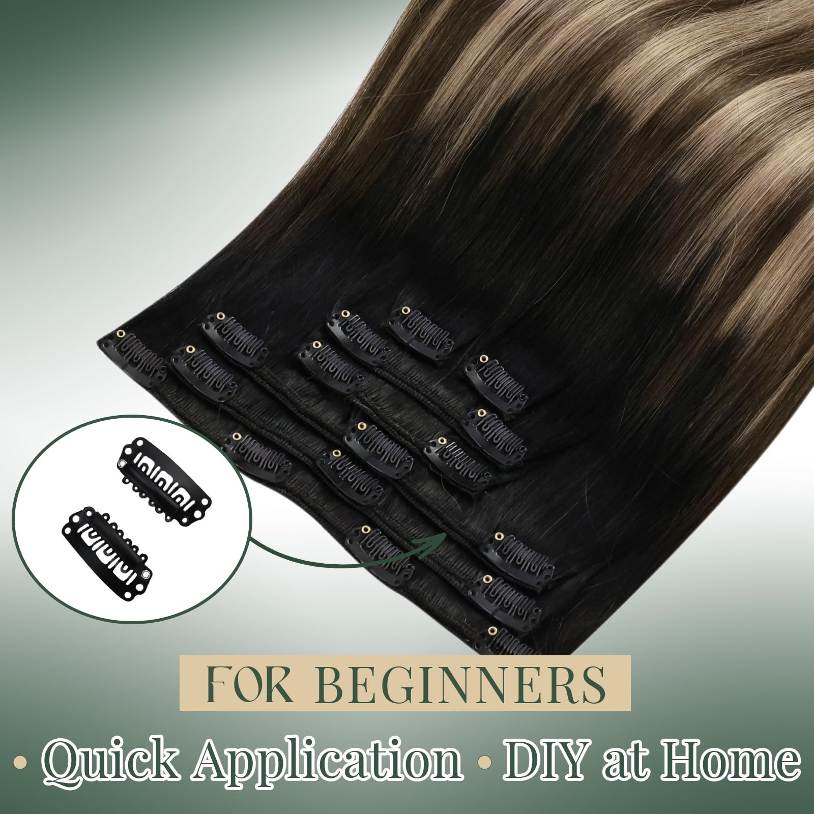 Ugeat Przedłużanie Włosów Clip in, Włosy Ludzkie, Balayage Naturalna Czerń do Crązu, 55 cm 7 sztuk 120g, Włosy Clip in Extensions Blond, Remy Naturalne Proste