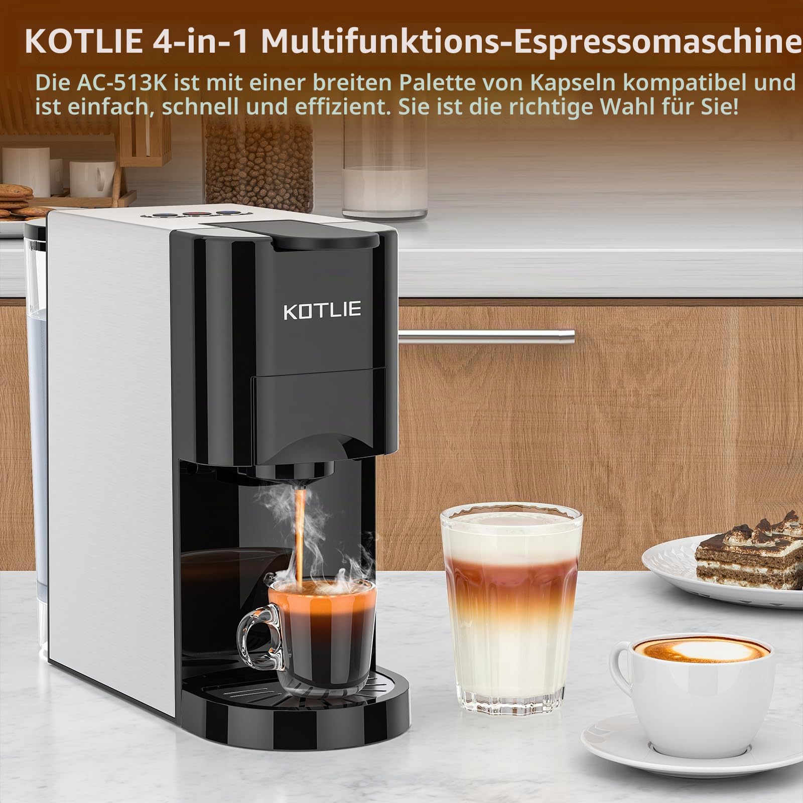 KOTLIE Espresso AC-513K 4-in-1-Kapselmaschine kompatibel mit Nes Original/DG/Kaffeepulver und ESE 44 mm 800 ML