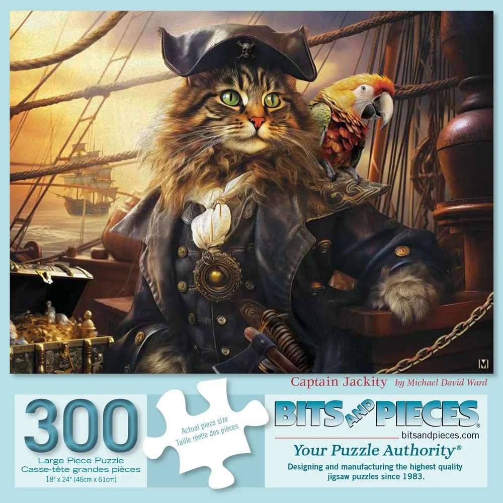 Bits and Pieces 300 Piece Puzzles for Adults Large Pieces 18" x 24" Jigsaw Puzzles 300 Large Pieces Pirate Cat, Random Die Cut, No 2 Pieces Alike, Captian Jackity