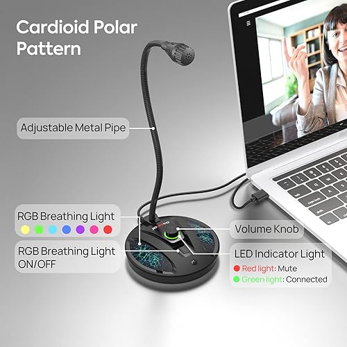 Miniatura 4 de JOUNIVO Micrófono de grabación USB, micrófono cardioide de condensador de podcast de computadora con botón de silencio e indicador LED para laptop,
