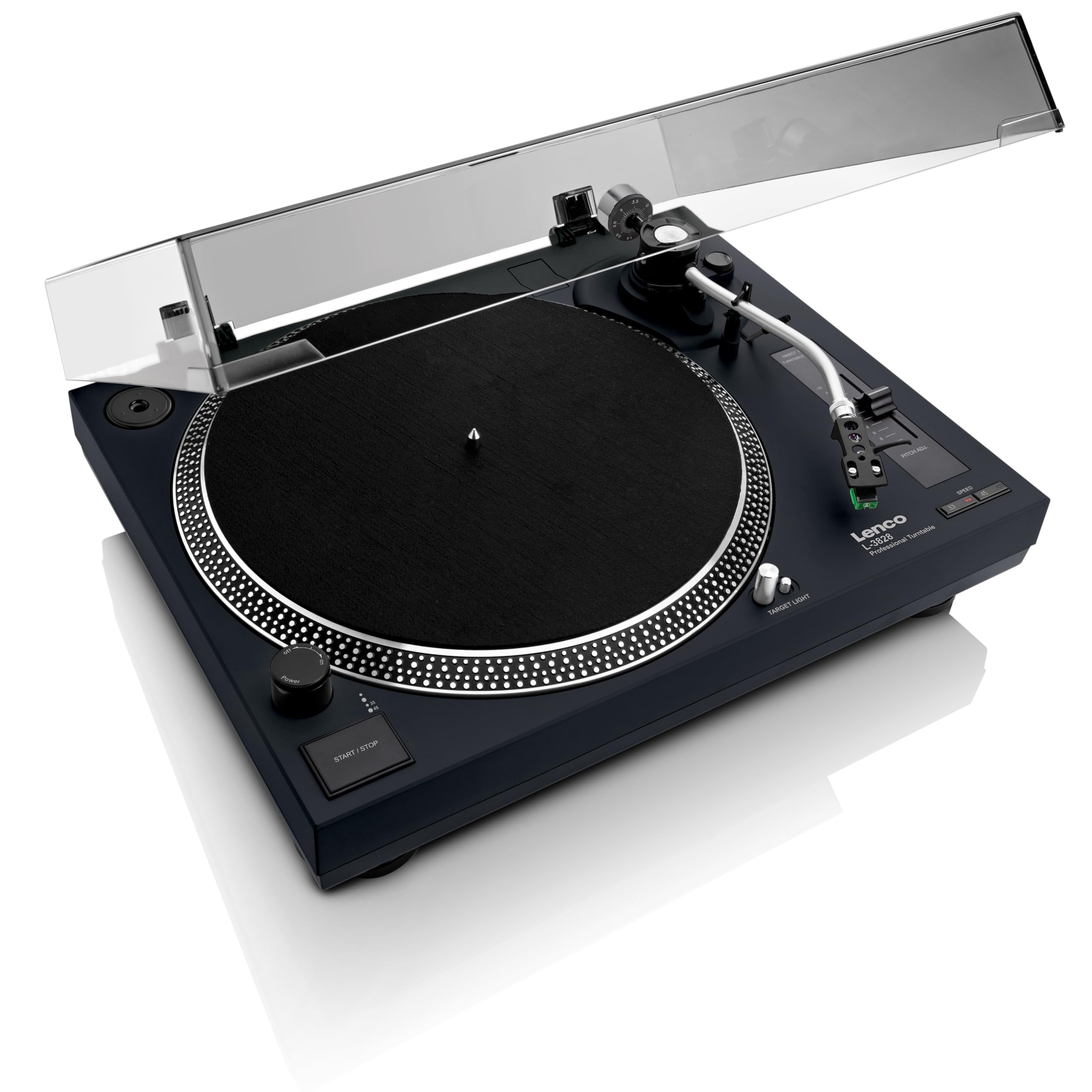 Lenco L-3828 - Giradischi con azionamento diretto, giradischi DJ, registrazione USB, controllo Pitch Control, preamplificatore, 33 e 45 giri/min, nero
