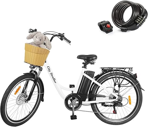 Electric Bike 350W Ebike 26'' Electric Bicycle, 25MPH Adults Electric City Bike with Removable 36v12ah Battery, Professional 6 Speed Gears(White)