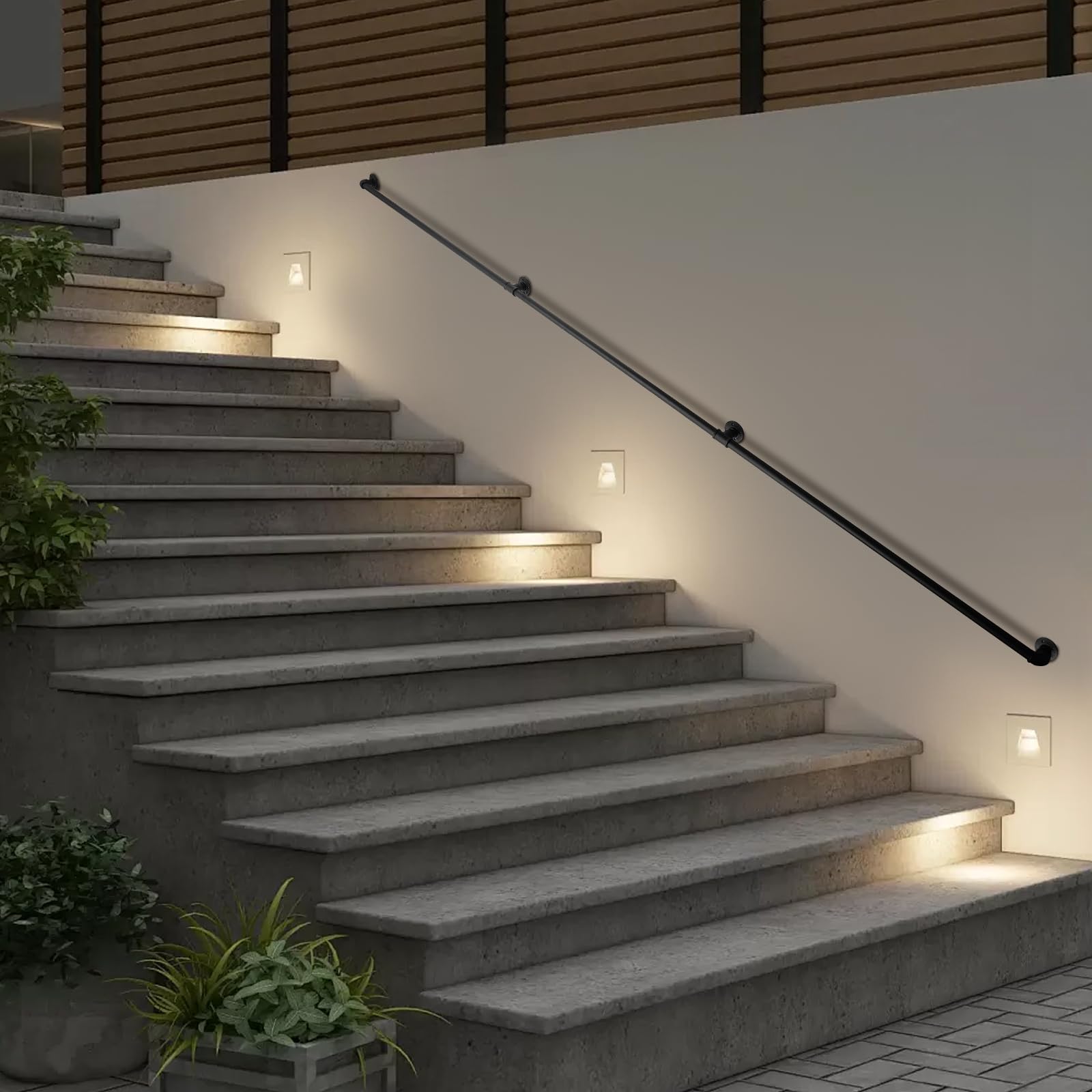 Main courante noire 3,66 m – Rampe d'escalier en métal intérieur et extérieur, main courante murale en fer galvanisé, poignée d'appui pour escalier, balcon et balustrade, support d'escalier stable