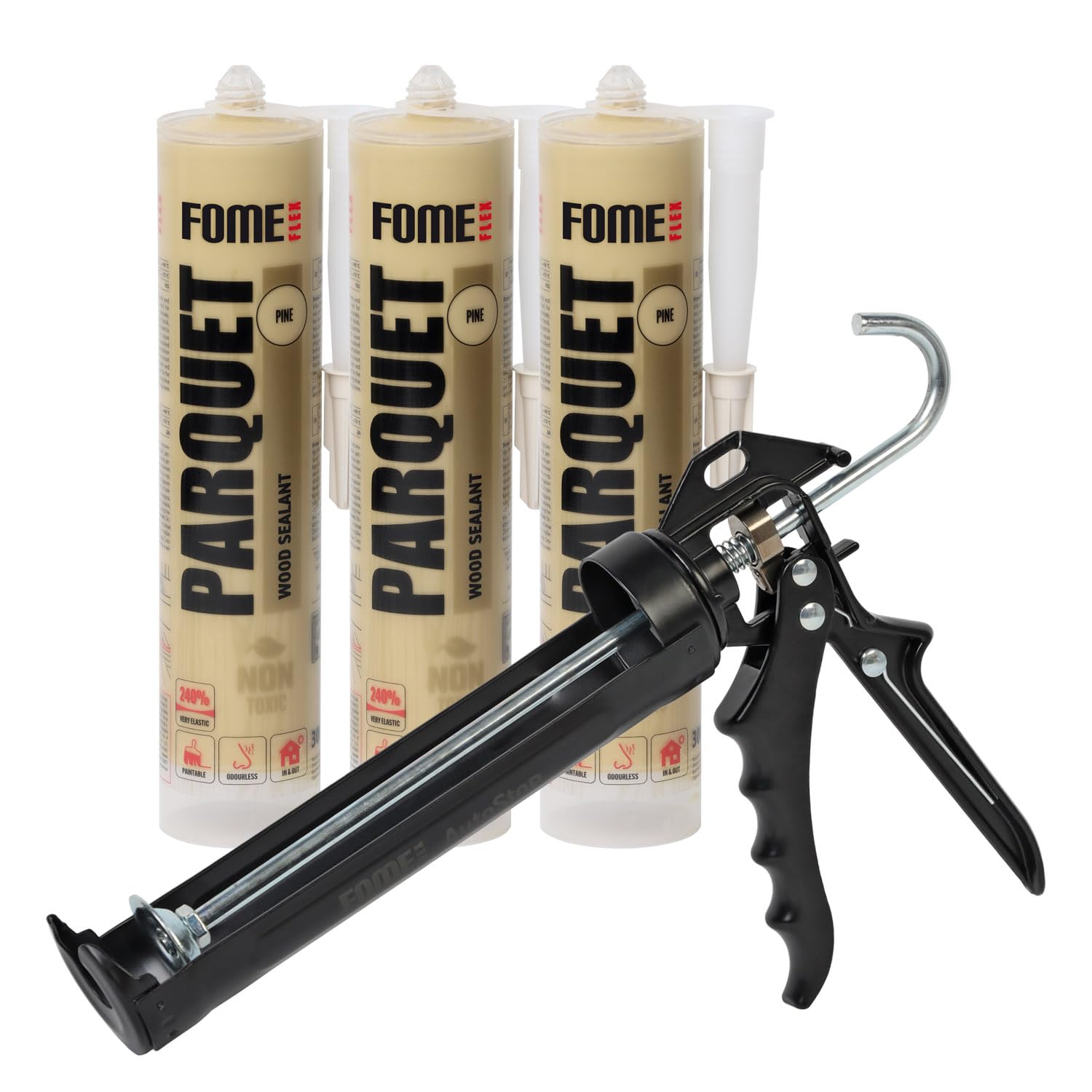 3x Parkett-Fugenfüller Kiefer + Kartuschenpistole – Acryl Dichtstoff für Holz, Parkett und Laminat, überstreichbar mit 2000N Pistole