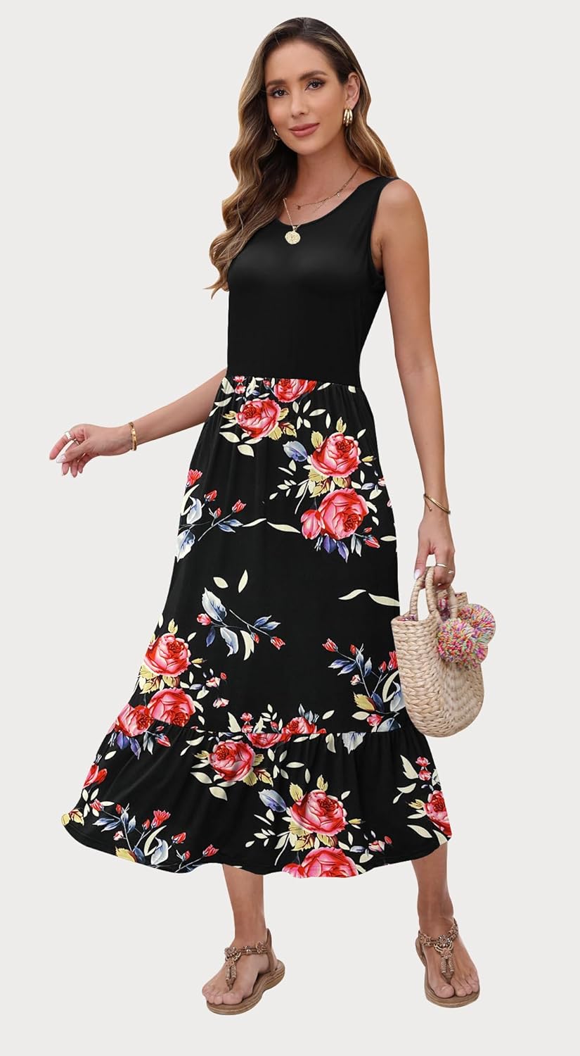 AUSELILY Womens Summer Dresses 2026 Sleeveless Maxi Dress Crewneck Casual Flowy Tiered Sundresses with Pockets - Image 2