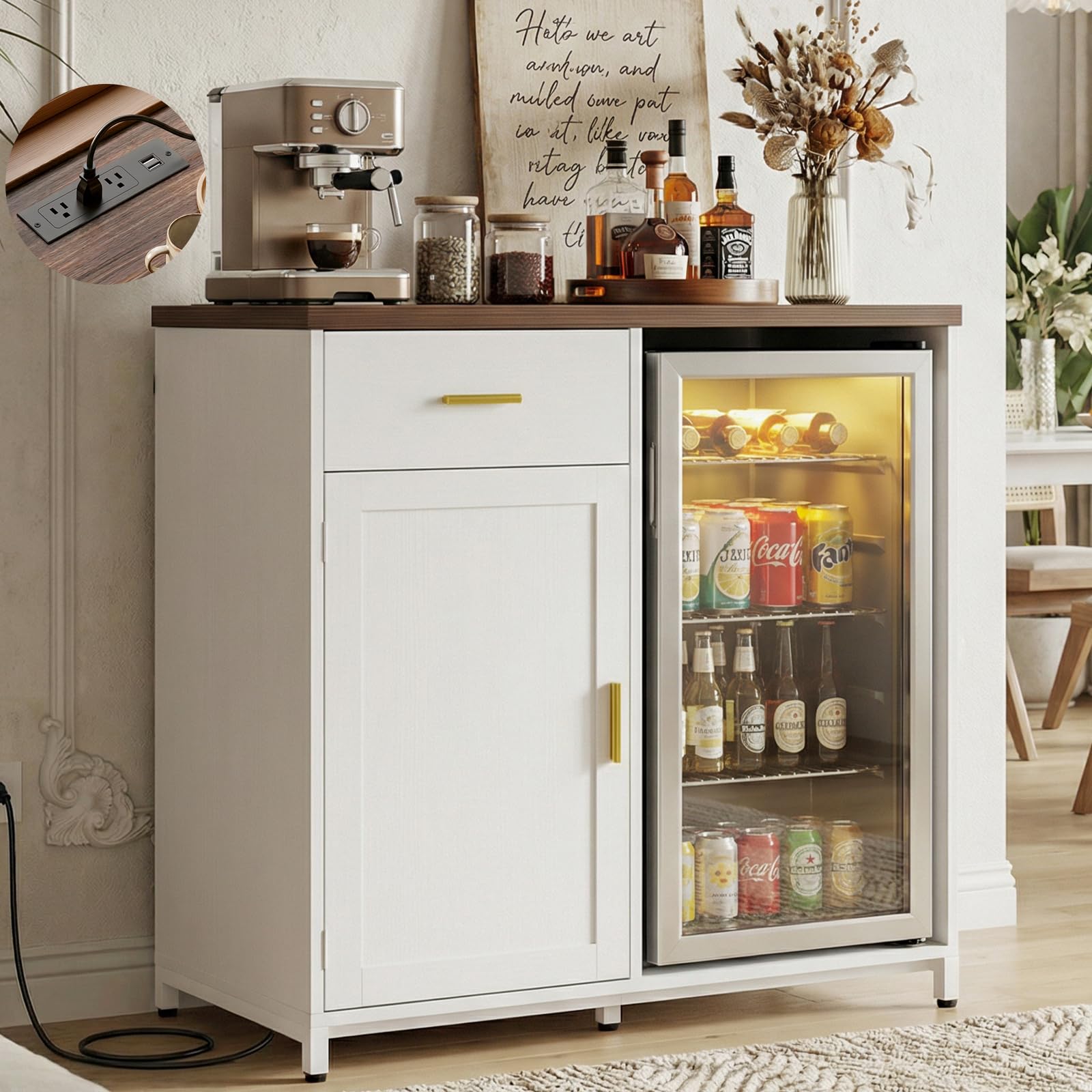 Unikito Coffee Bar Cabinet with Mini Fridge Space &amp; Power Outlet, White