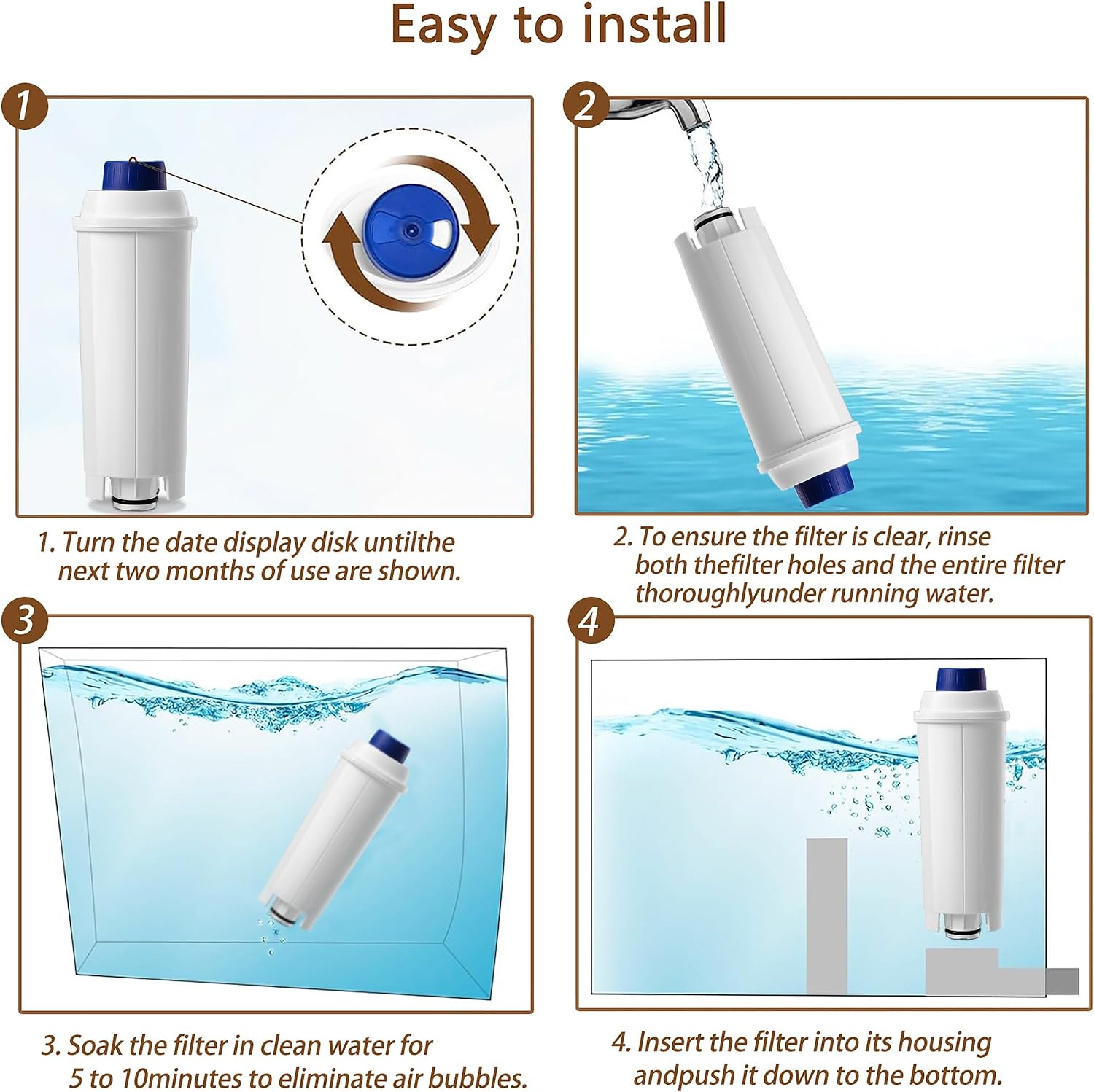 DLSC002 Water Filter Replacement for De'longhi Coffee Machines, Activated Carbon Water Softener Filter, Compatible with Magnifica Evo, Dinamica, Eletta, ECAM, ESAM, ETAM, BCO410/420, EC680/800, 4 Pack