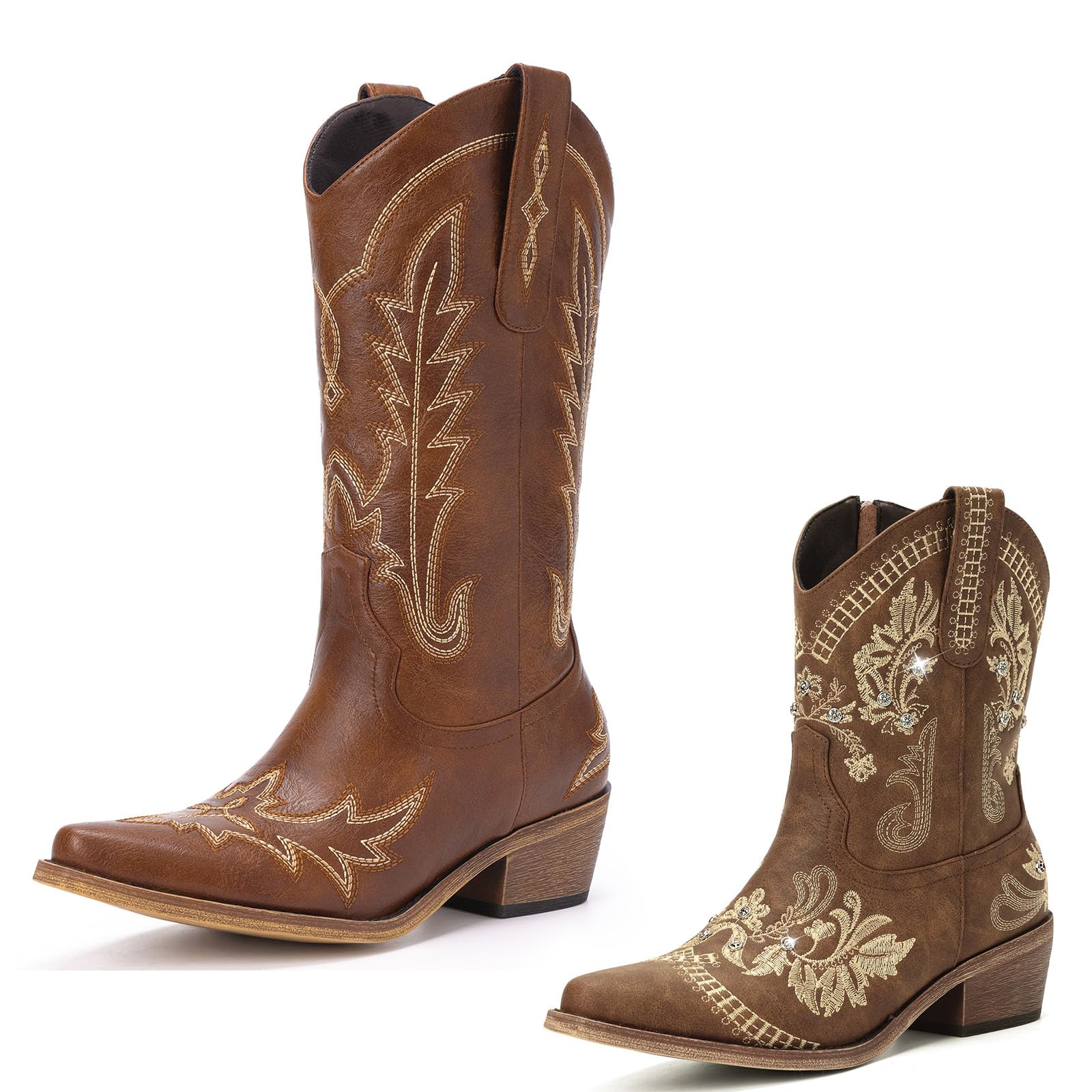 Brown Cowboy Boots for Women - Mid Calf Ankle High Cowgirl Boots with Embroidery Chunky Heel Pointed Toe