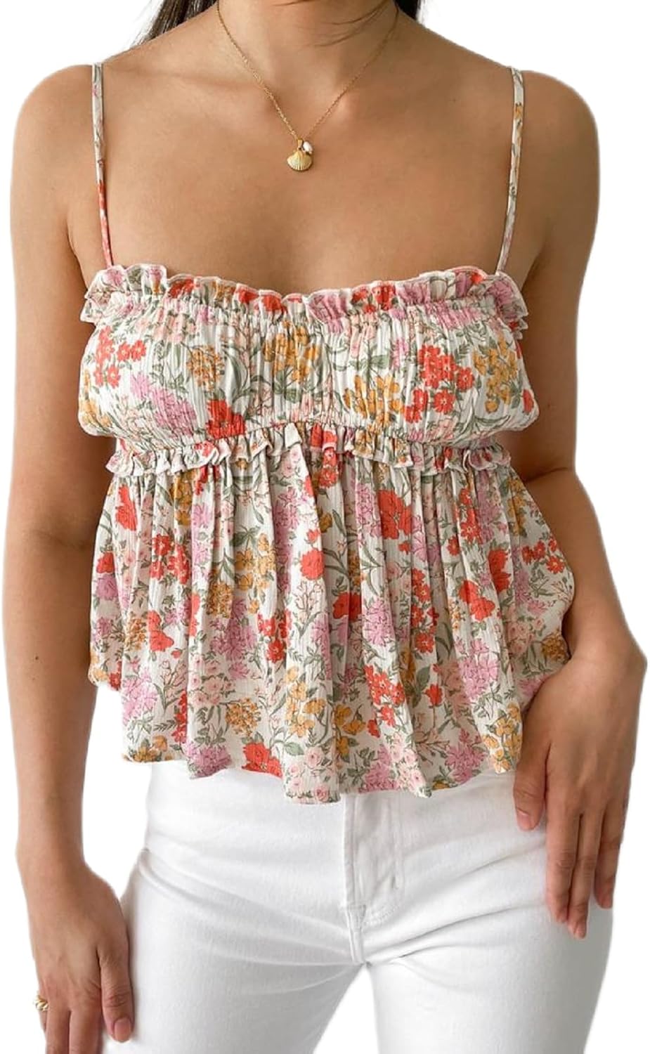 Women Y2k Floral Babydoll Tank Top Spaghetti Strap V Neck Ruffle Peplum Cami Top Summer Going Out Camisoles