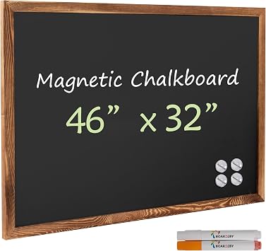 Magnetic Chalkboard Black Board 46 x 32, Extra Large Chalk Board Blackboard for Wall Decor, Easy-to-Erase Wood Framed Magnet Board, 4 Magnets for School, Home & Office Rustic Brown
