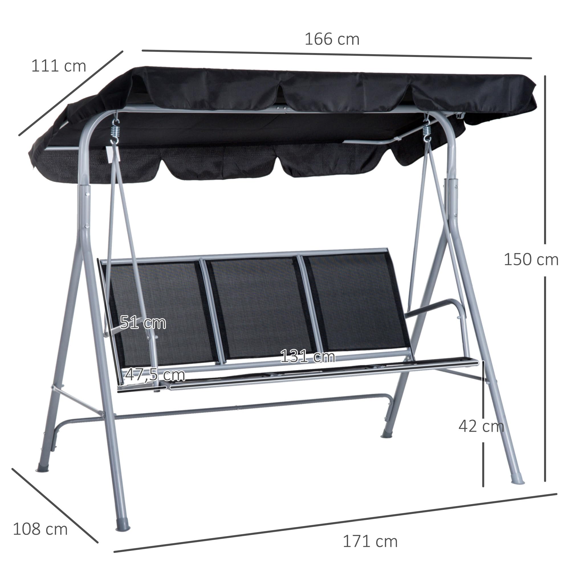 Outsunny Hollywoodschaukel mit verstellbarem Sonnendach, 3-Sitzer Gartenschaukel mit Anti-Rutsch-Füßen, Schaukelbank belastbar bis 240 kg, Gartenliege für Garten, Terrasse, 171x108x154cm, Schwarz