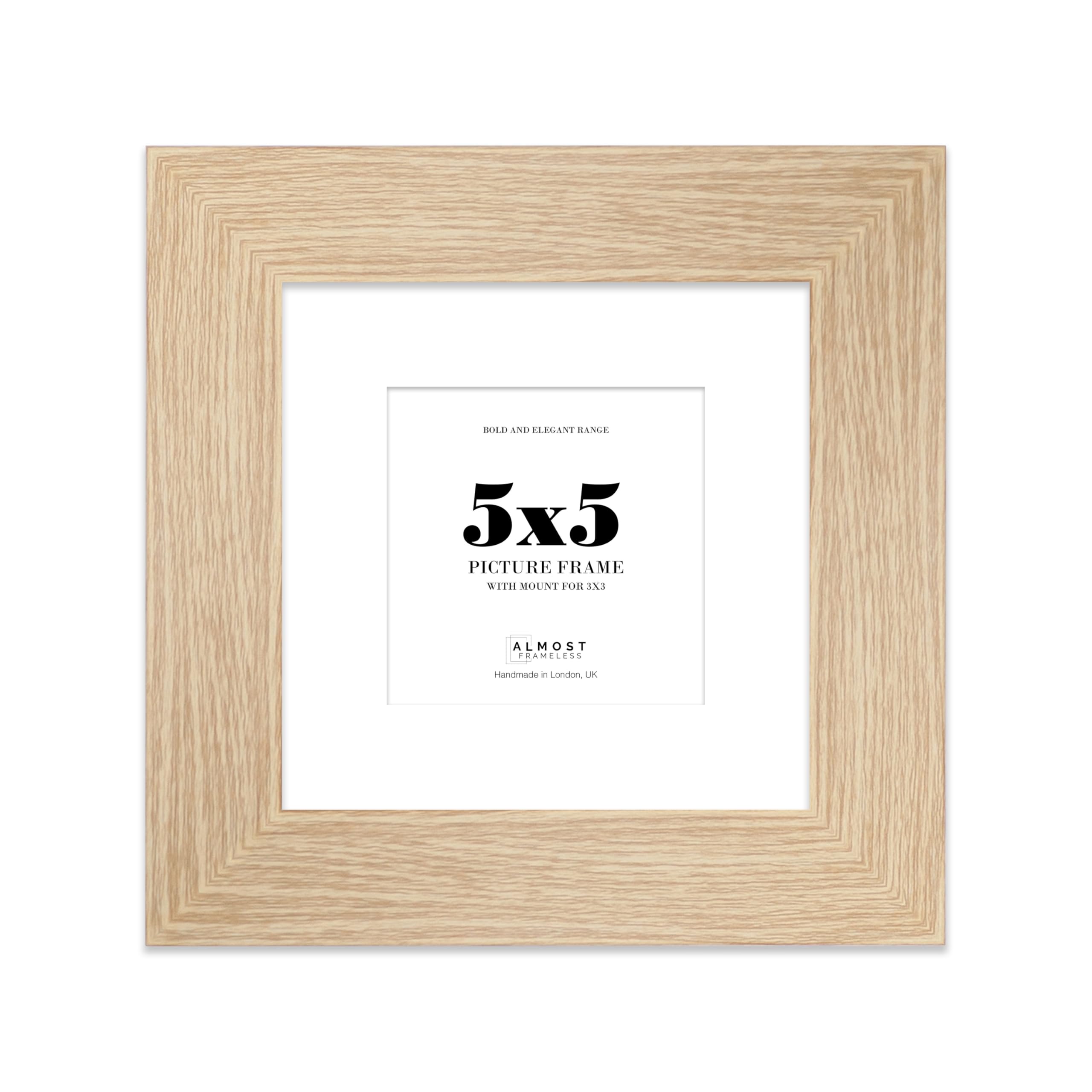 5x5" Oak Square Frame With Mount for 3x3" Pictures 28mm Edge Frame Display with Wall Hooks and Kickstand, 1 Pack