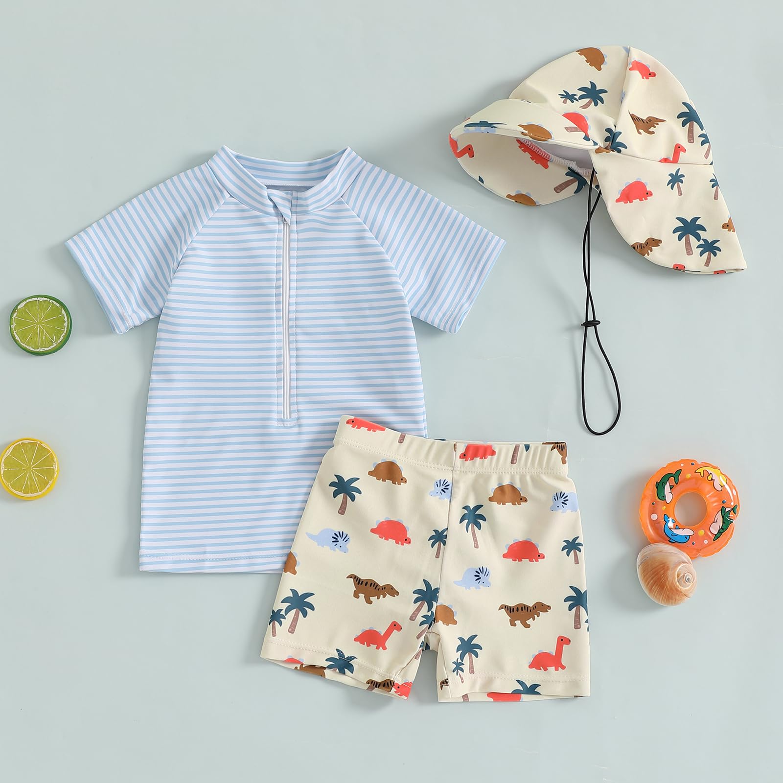 DuAnyozu Baby Boys Swimsuit Long Sleeve Rash Guard Swimwear Baby Boy Swim Trunk with Hat Set 3-Piece Toddler Bathing Suit (Blue, 18-24 Months)