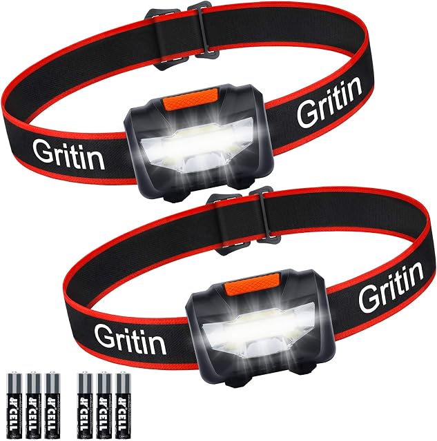 Gritin LED Head Torch, [2 Pack] COB Headlamp Super Bright Headlight, Adjustable with 3 Modes, Lightweight for Running, Camping, Fishing