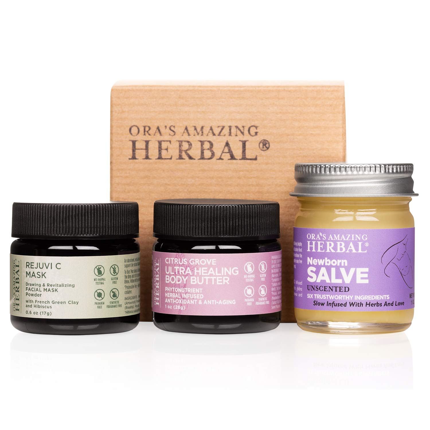 Ora's Amazing Herbal New Mother Gift, Newborn Salve Travel Size with Skincare for New Mom, New Baby Gifts, Travel Size Ultra Healing Body Butter, Face Mask Powder with Organic French Green Clay