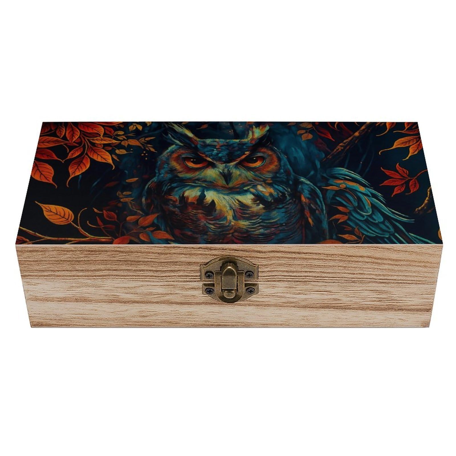 Oudrspo Adorable Owl in Autumn at Night Retro Wooden Storage Box Keepsake Jewelry Decorative Art Storages Box Gift Boxs