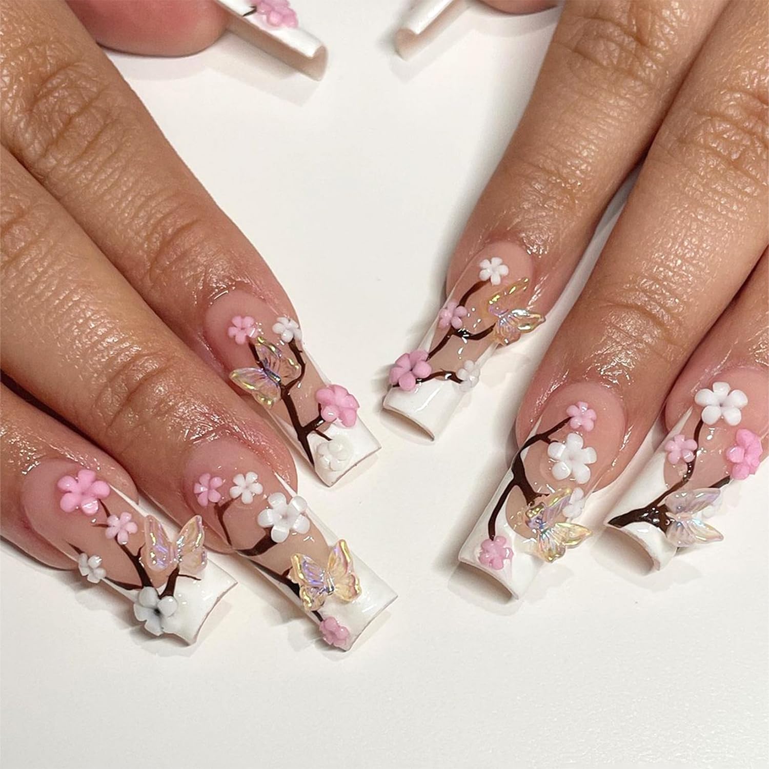 3D Crystal Butterfly Flower Fake Nails Extra Long Press on Nails Square Ballerina False Nails with White French Tip Design Glossy Reusable Artificial Nails Glue on Nails Full Cover Stick on Nails
