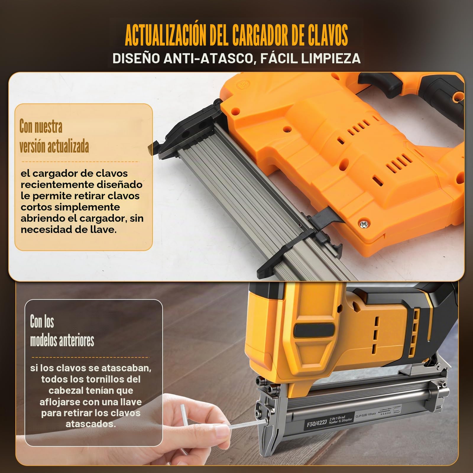 Clavadora inalámbrica de 18 GA compatible con batería Dewalt de 18 V y 20 V, pistola de clavos inalámbrica 2 en 1 mejorada, grapadora de batería con 1000 clavos y 1000 grapas para mejoras del hogar y