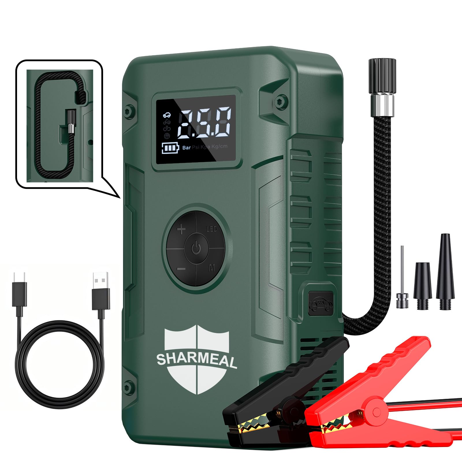 Sharmeal Jump Starter 6000A,12V Car Battery Jump Starter with Air Compressor (Up to All Gas or 10.0L Diesel Engine), Battery Booster with 3 Modes Flashlight and Jumper Cable