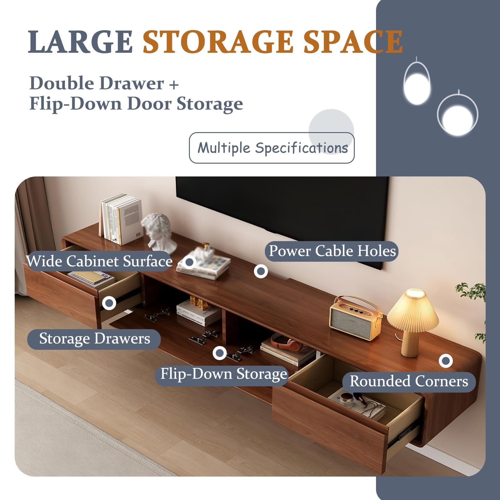 Mueble TV Flotante, Mueble TV Suspendido para Pared, Consola Entretenimiento Moderna, Armario Televisión con Puertas Y Cajones Ideal para Salón Y Dormitorio(BrownC,200cm)