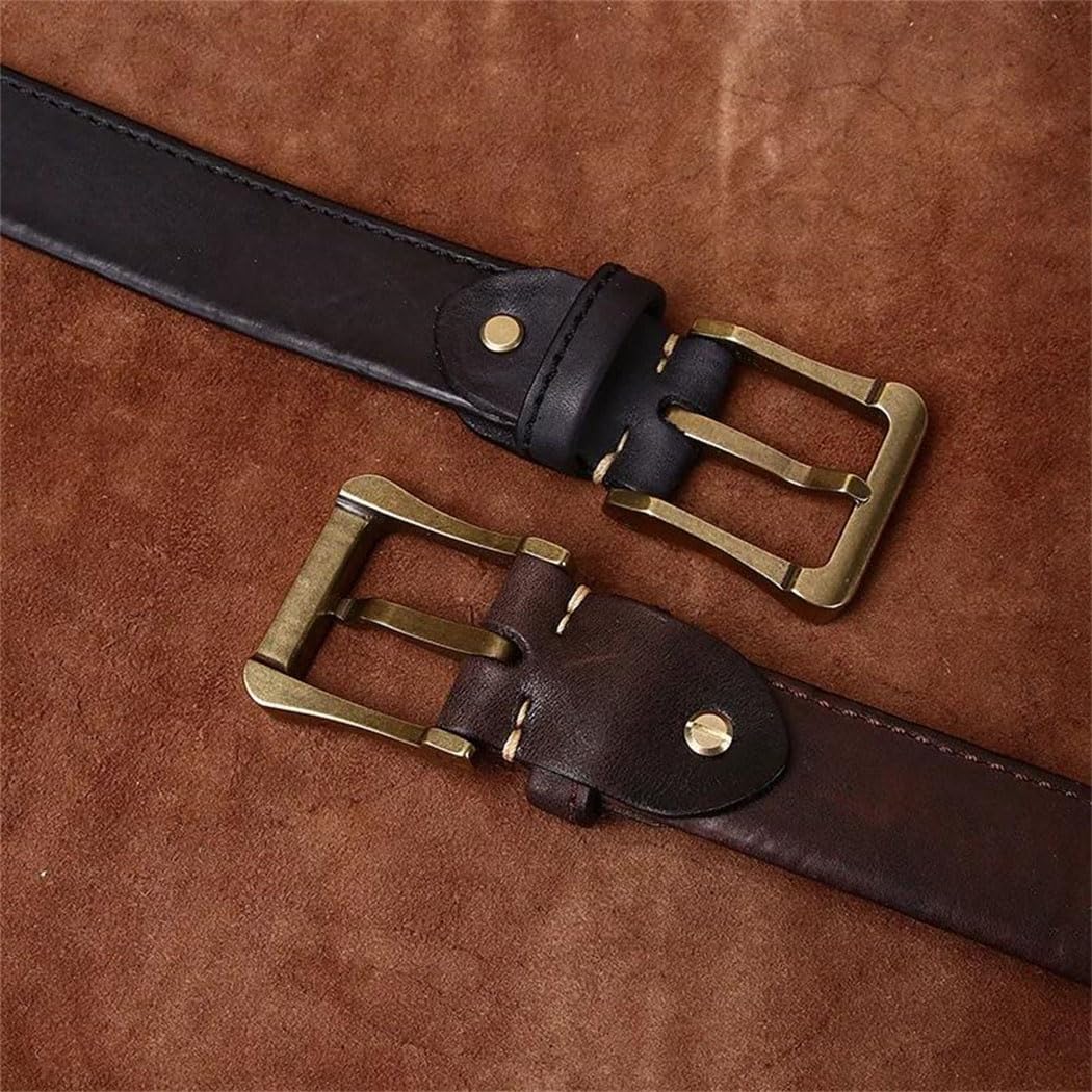 Men's Wide Leather Belt - 3.8 cm Solid Cowhide with Brass Buckle, Western Design