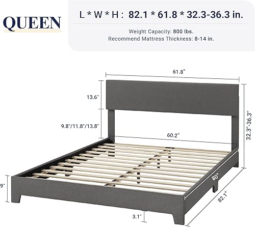 Miniatura 10 de Allewie Base de cama de tamaño matrimonial con cabecera ajustable, plataforma tapizada con listones de madera, base de colchón resistente, no