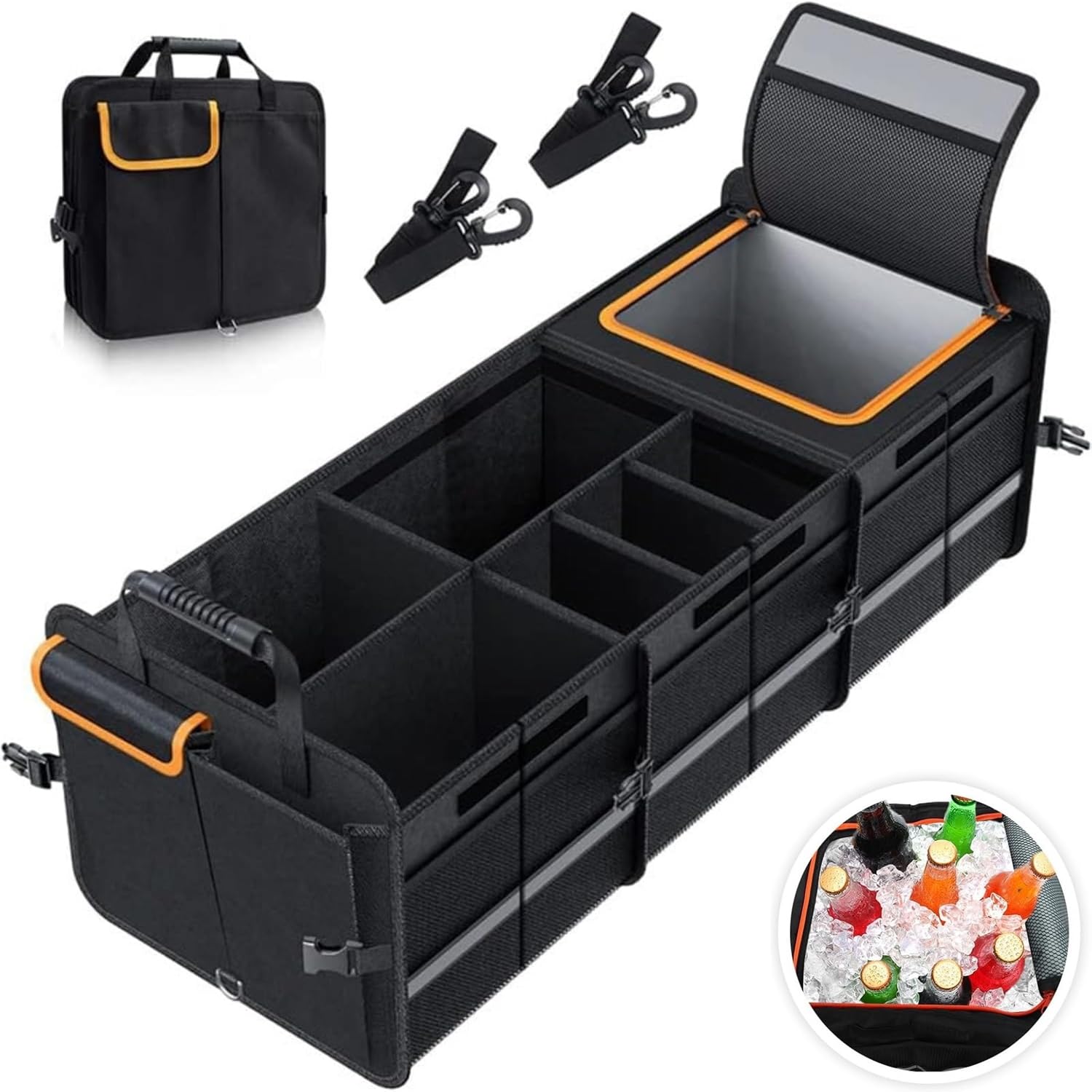 Beauenty Car Trunk Organizer,Large Capacity Car Organize,with Built-in Large Insulated Leakproof Cooler Bag,Organize Your Journey with Ease,Foldable Trunk Organizer for SUV & Sedans