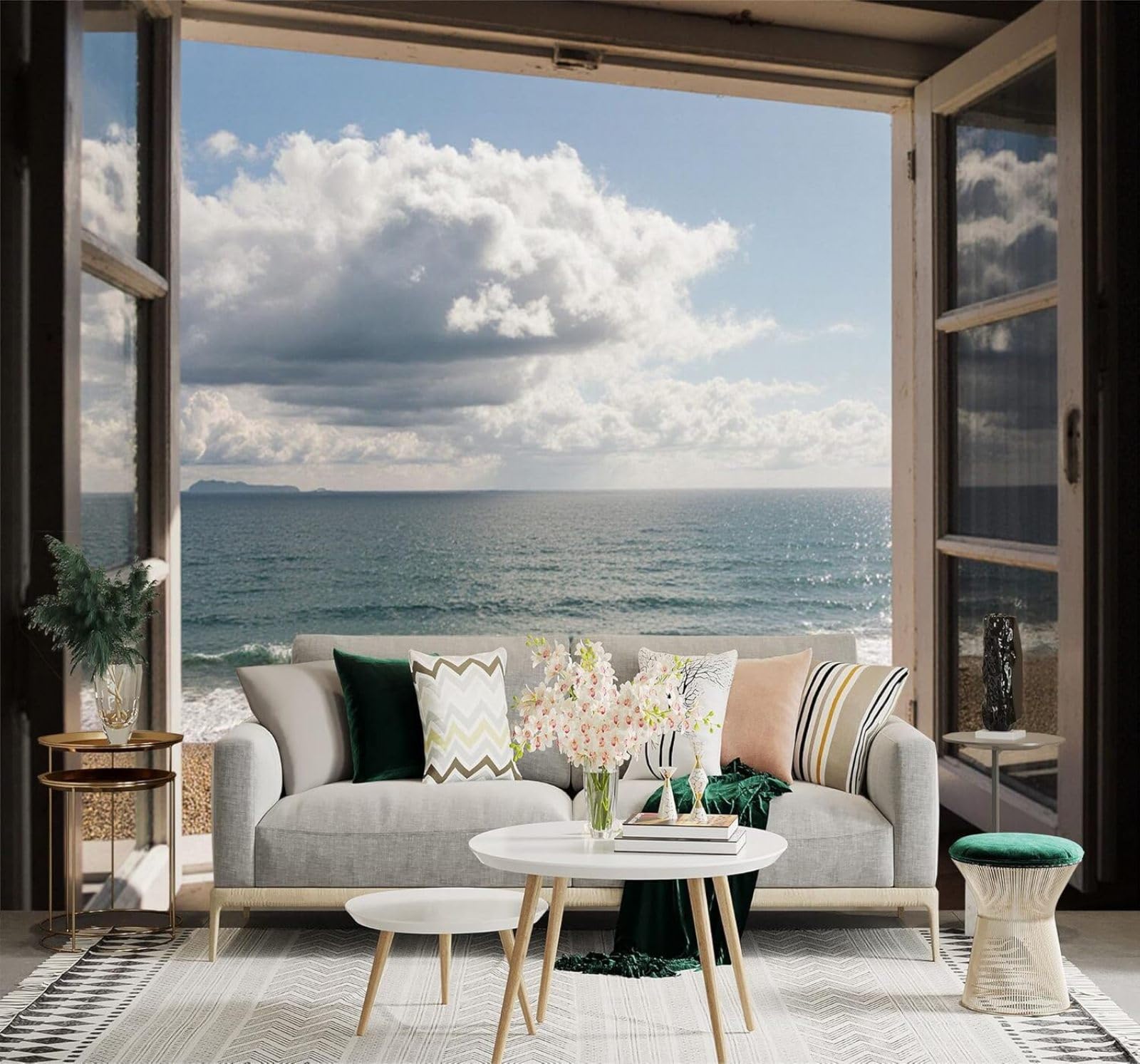 XLMING Open Window Beach Clouds Coast Seascape 3D Wallpaper Silky Texture Home Study Office Grey Dining Room Sofa Bedroom Living Room TV Backdrop-250cm×170cm