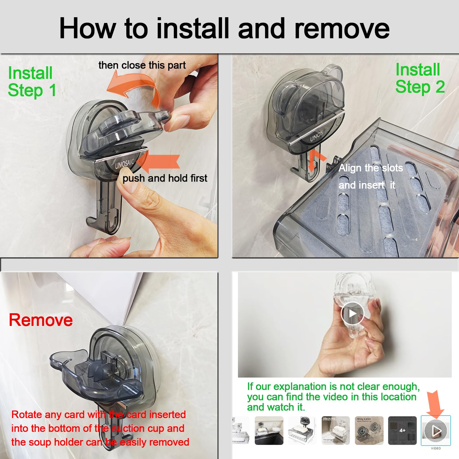 UNOSAIC Suction Cup soap Holder for Shower Walls, no-Drill Wall mounting, for bathrooms, Showers and Kitchens Gray 2-Pack