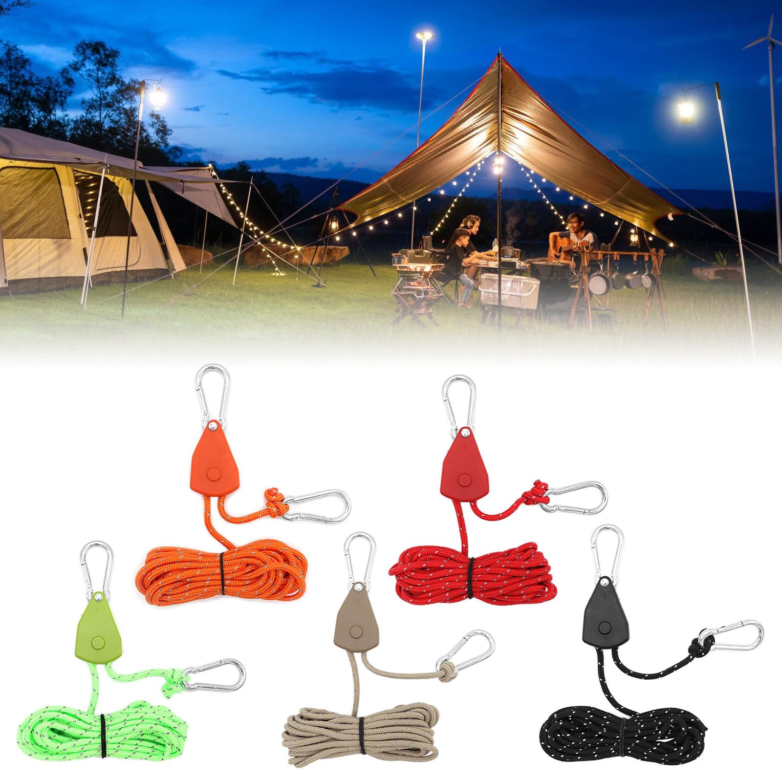 Accesorios de jardinería Aire Ajustados Trinquetes Gancho para Tienda de campaña Polea Perchas de Cuerda Crecer Perchas Ligeras con mosquetón Ajustador de polea Cuerda para Acampar