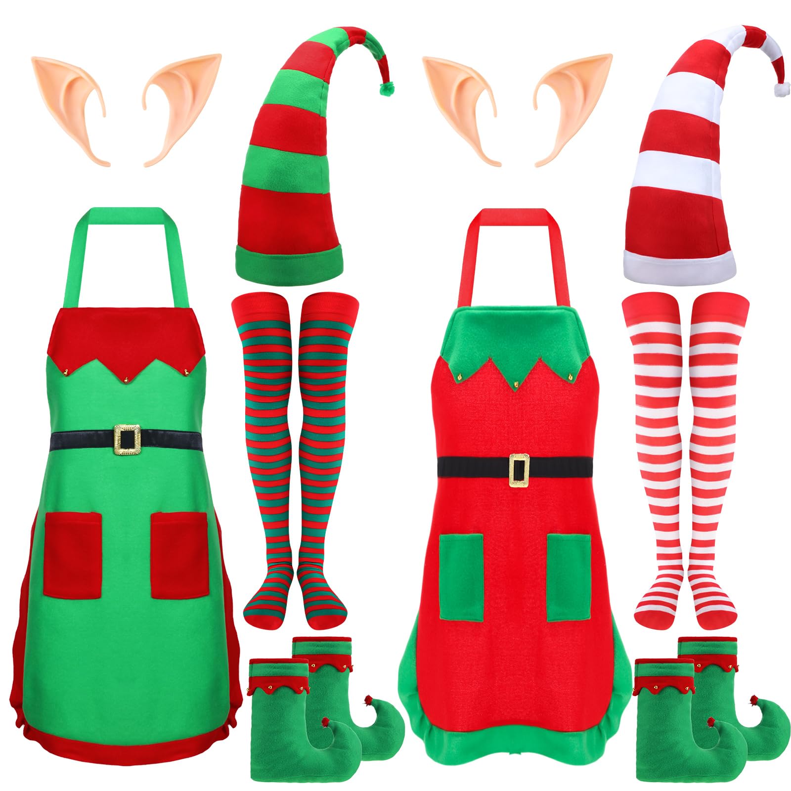 Liitrsh Juego de 10 disfraces de elfo de Navidad para mujeres adultas, 2 delantales de tela, sombrero de terciopelo, medias a rayas, orejas de elfo y zapatos