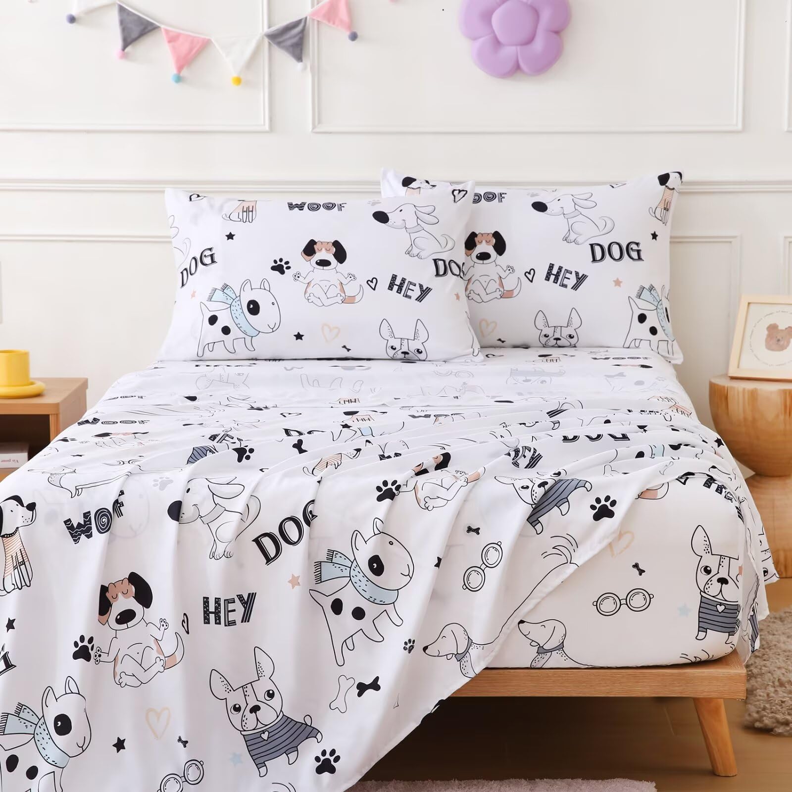 CIMVI Twin Sheets Set for Kids Cute Dogs Bed Sheets Boys 3 Pieces Soft Microfiber Bed Sets with Deep Pocket Cartoon Puppy Printed for Children