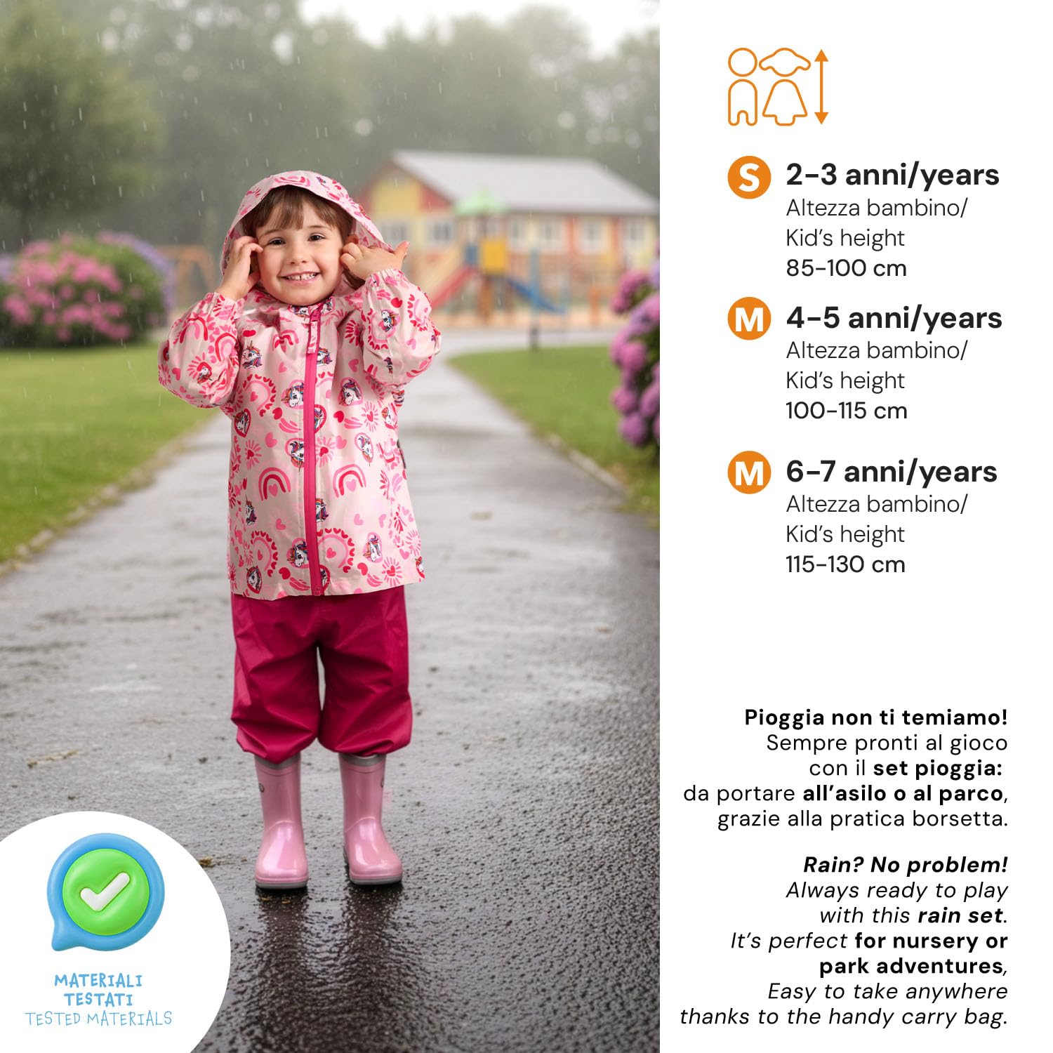 PERLETTI Traje de Agua Impermeable Niño Niña - Chubasquero y Pantalones Lluvia 2 3 4 5 6 7 Años con Capucha y Cremallera