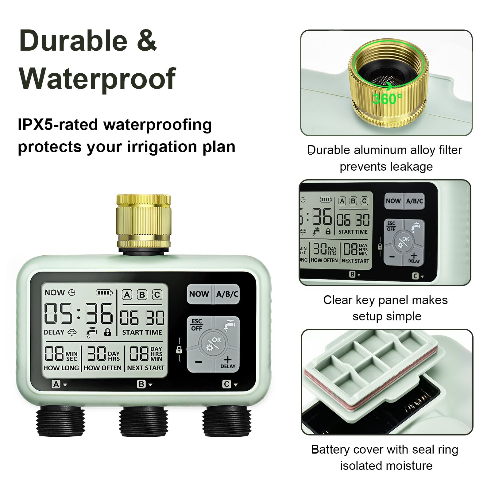 Johgee Computer di irrigazione 3 uscite indipendenti con ingresso in ottone, orologio digitale per irrigazione con ritardo della pioggia, controllo automatico/manuale di irrigazione, timer per