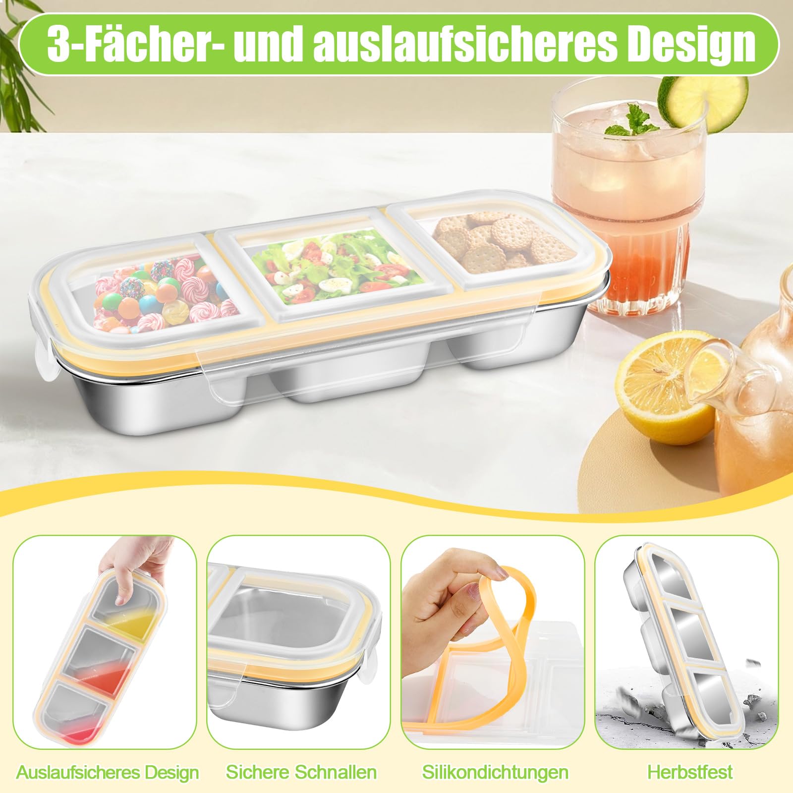 Snackbox Edelstahl Mit 3 Fächern – Auslaufsicher, Spülmaschinengeeignet, Für Meal Prep & Unterwegs
