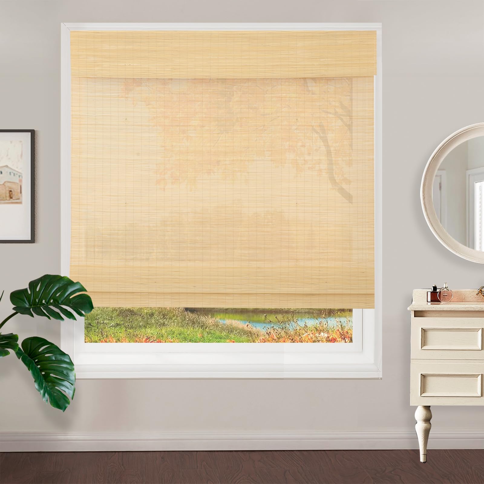 ZY BLINDS Cordless Bamboo Roman Window Shades Blinds, Light Filtering Roll Up Roller Shades with Valance for Windows, Kitchen, Doors, Porch, Color 5