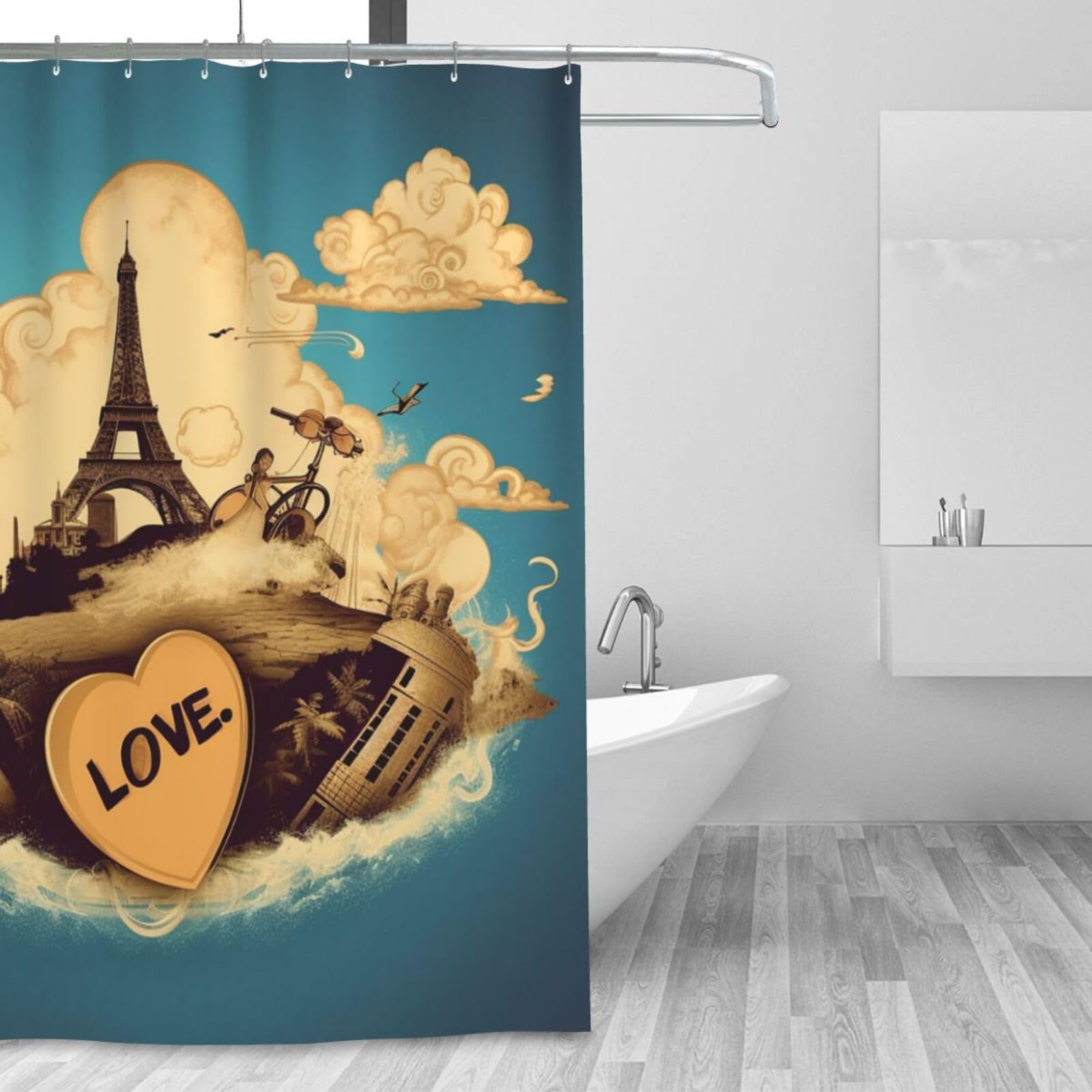 Rideau de douche moderne minimaliste lavable et imperméable avec 12 anneaux inclus