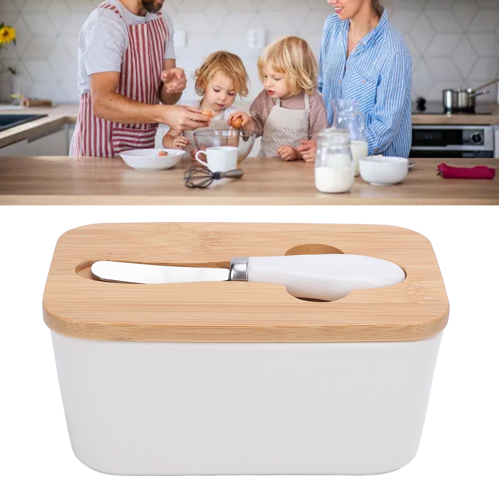Butter Dish with Lid, 500ml Ceramic Butter Keeper Holds Up to 3 Sticks Sealing Butter Container Storage Box with Knife for Countertop