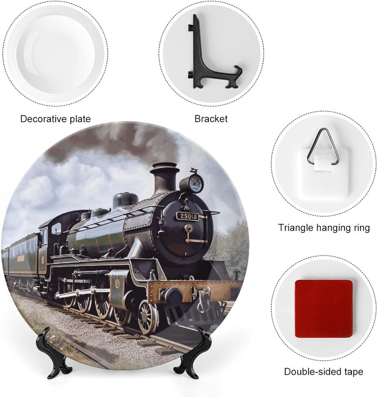 Steam Locomotive Train Bone China Decorative Plate with Display Stand, Ceramic Ornaments Plate for Wall Hanging, Personalized Porcelain Plates for Office, Living Room 8inch