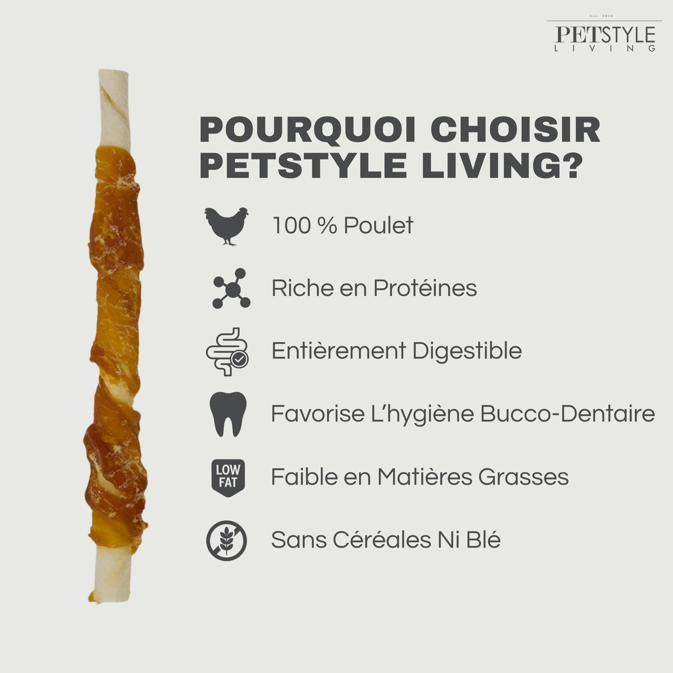 Bâtonnets à Mâcher au Poulet - Collation pour Chien - 12,5cm - 100 Pièces